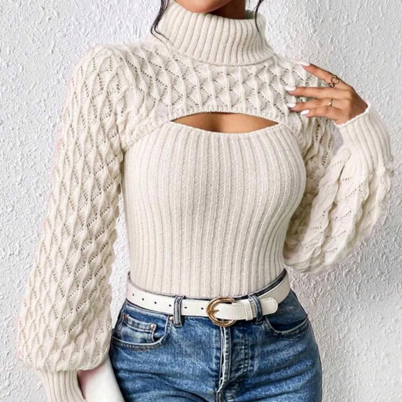 Sweaters - Turtleneck Cut Out Front Lantern Sleeve Sweater